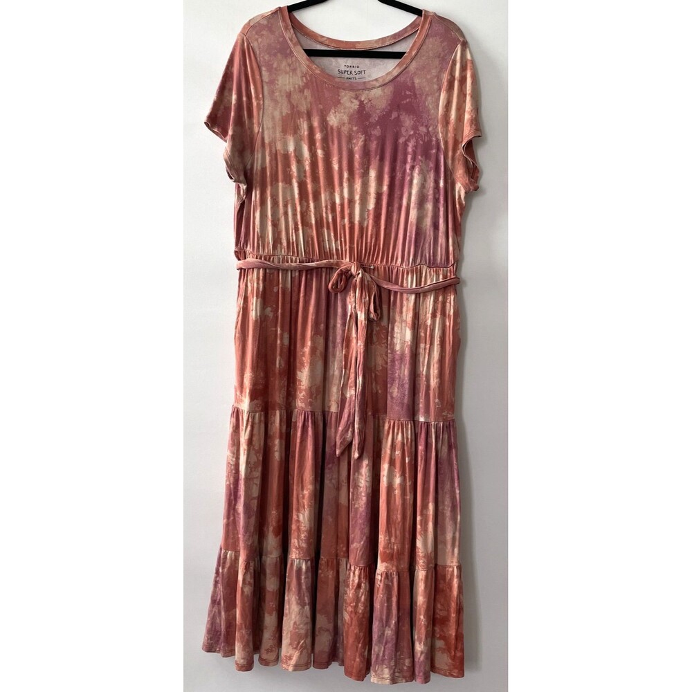 Torrid Tie Dye Tiered Maxi Dress Short Sleeve Scoop Neck Pink Size 2X -mpv